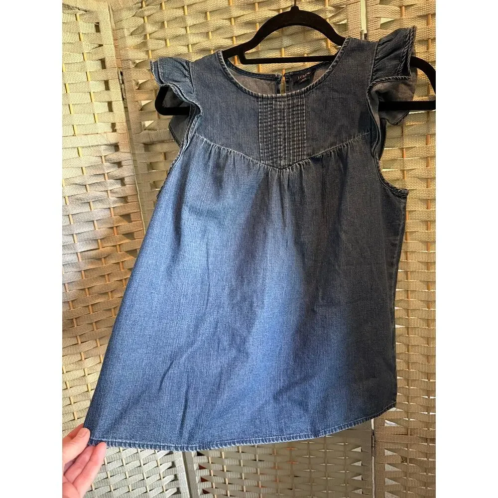 J. Crew Factory Chambray Pleated Ruffle Sleeves Top Blue XS Crew Neckline